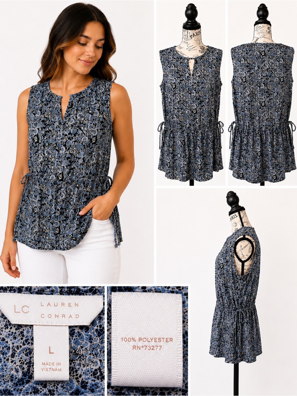 LC Lauren Conrad Blue Paisley Sleeveless Tie Waist Top